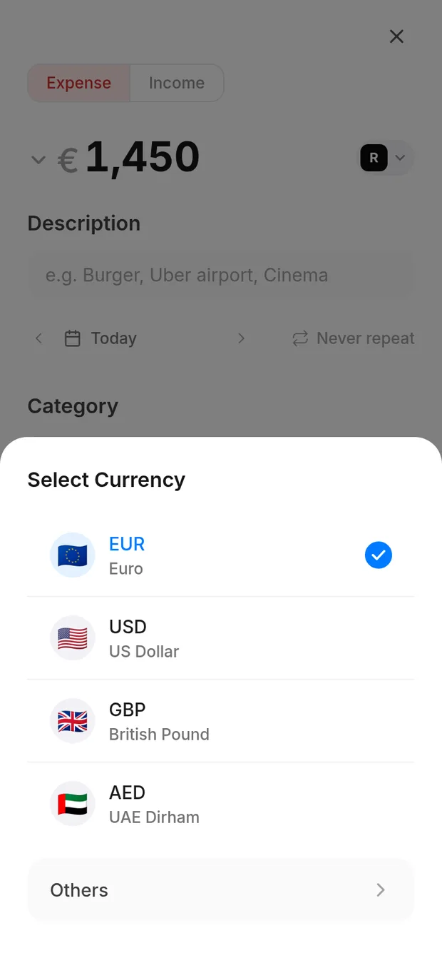 Choosing a currency for a single transaction, from a list of 155